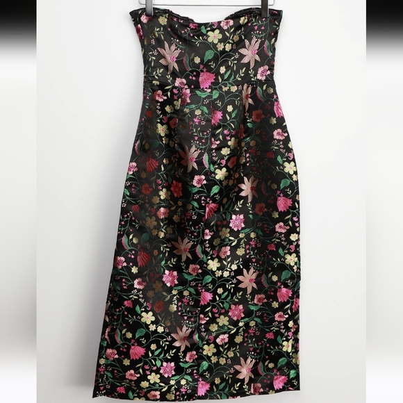 Lulus Make a Move Black Satin Floral Jacquard Strapless Midi Dress NWT Medium - Picture 3 of 8